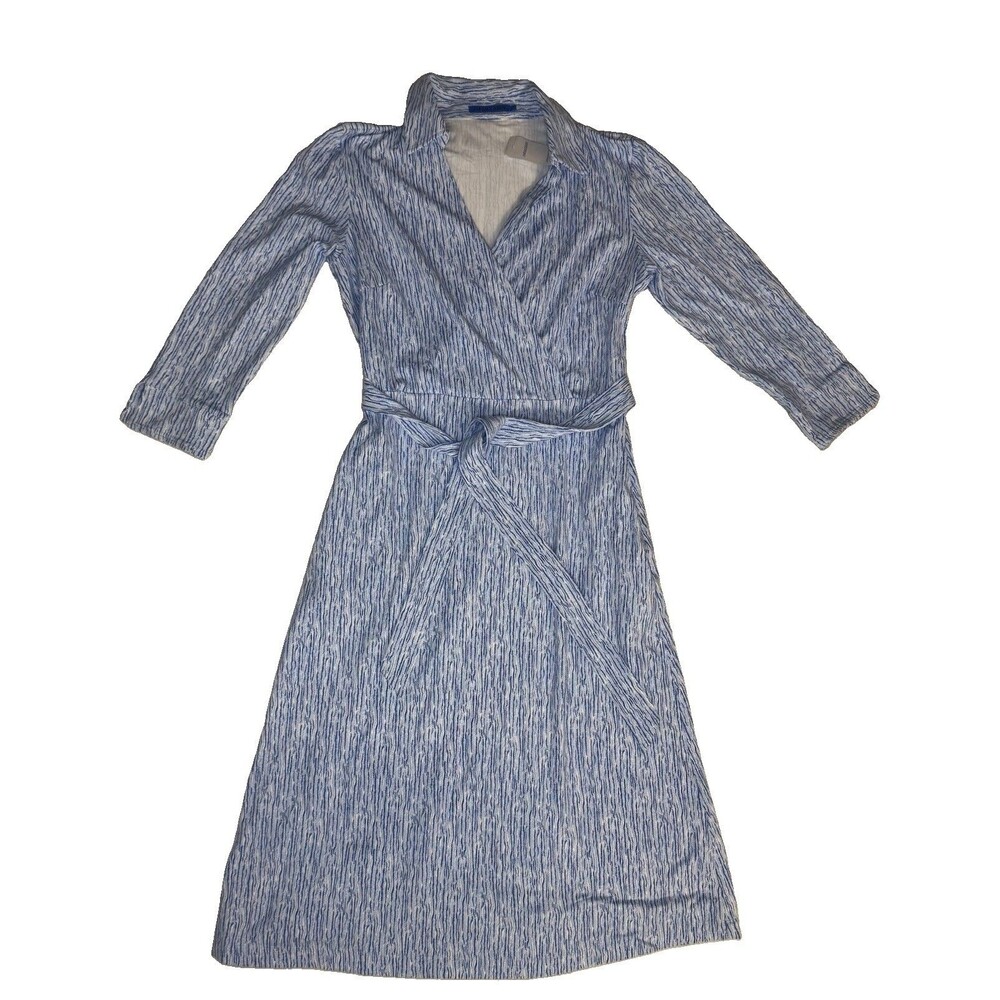 J McLaughlin Sz Small Verte Dress Blue Textured Ridge Faux Wrap Collar Retro NWT